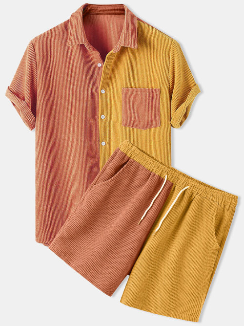 jollytyrantwhispers:Corduroy Solid Patch Pocket Breathable Short Sleeve Shirt & ShortsCheck out 