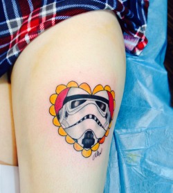 fuckyeahtattoos:  Done in Las Vegas, NV at Bad Apple Tattoo by D Michaels.  My partner and I got Valentine’s Day tattoos done, so I came up with the idea based on our love of Star Wars and his love of Stormtroopers. 