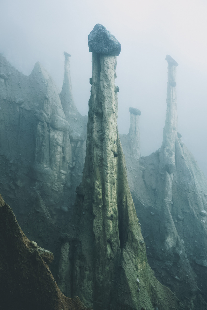 itscolossal:  Otherworldly ‘Earth Pyramids’ Captured in the Foggy Early Morning