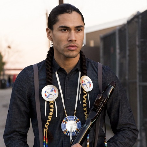 beyondbuckskin: Martin Sensmeier wears quill hair ties and medallion by Lakota artists Ista Ska. Cli