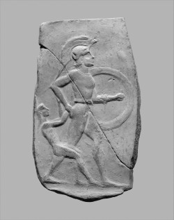 ancientpeoples:  Terracotta Relief of a Warrior Dragging a CaptiveGreek, Cretanca. 540–520 B.C.Excavated at Praisos, on Crete Source: Metropolitan Museum of Art