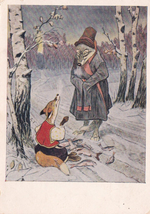 sovietpostcards:Illustration for “The Fox and the Wolf” folk tale, artist Yevgeny Rachyov (1955)Buy 