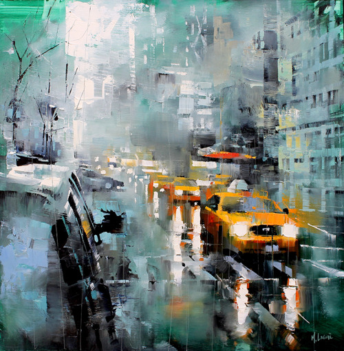 Mark Laguë (Canadian, b. 1964, Lachine, Quebec, Canada) - New York Rain  Paintings: Oil on