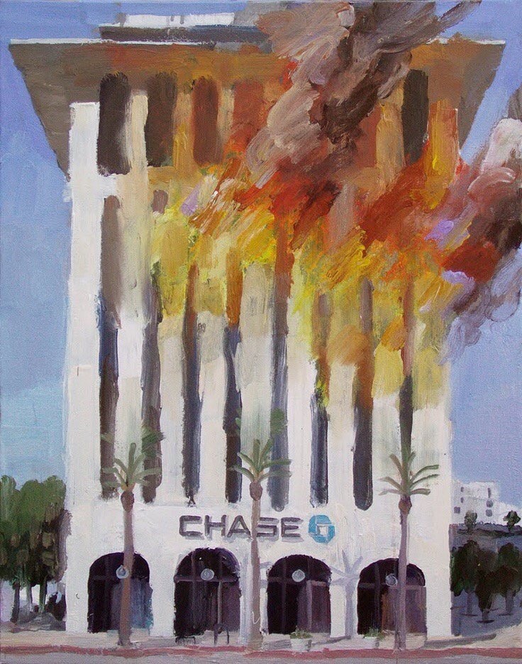 raychleadele:So there’s this artist, Alex Schaefer, who makes a bunch of paintings of Chase Bank burning. There’s just so many of these and I think it’s incredibly funny butI just read this bit from the artist andThis is a “plein air”