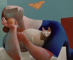 Topcat77:  Peter Harskamp, Dutch Contemporary Painter. Vrouw Met Kat En Perzik (Woman