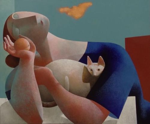 topcat77:  Peter Harskamp, Dutch contemporary painter. VROUW MET KAT EN PERZIK (Woman with cat and peach) 