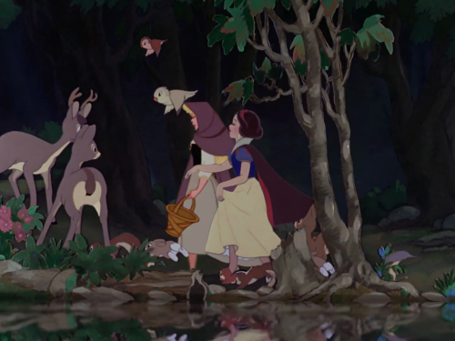 A digitally composited image of Aurora and Snow White, created using Disney screencaps. Aurora and Snow White are walking through the forest together.