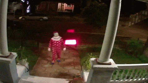 jumpseatmonalisa:  sixpenceee:  The above are actual surveillance camera footage taken from a home in Jacksonville, California. Mysterious clowns are popping up across the state and terrorizing people in the towns. (Video)  My actual nightmare. 
