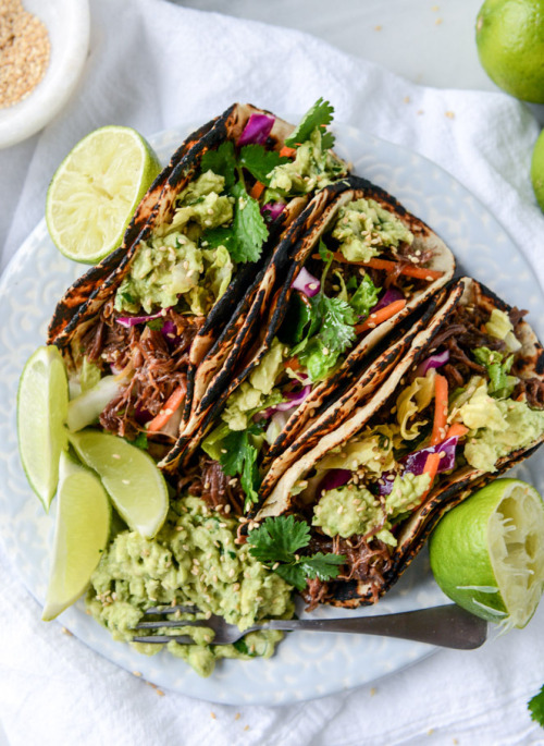 Slow Cooker Sweet and Spicy Short Rib Tacos with Sesame Guacamole