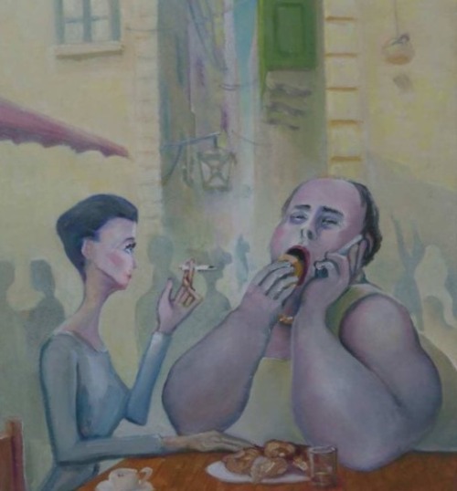 theartofobesity:Artist unknown but I love the juxtaposition of the trim woman having a coffee and a 