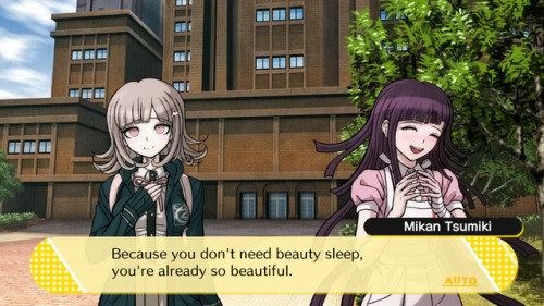 fakedrv3screenshots:Chiaki: Why am I awake?Mikan: Because you don’t need beauty sleep, you’re alread