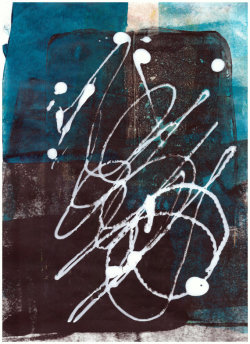 paperwerks:  9&quot; x 12&quot; monotype in blue and brown with white asemic writing. Handpulled print. Original abstract art. Contemporary art. Modern art. OOAK. 