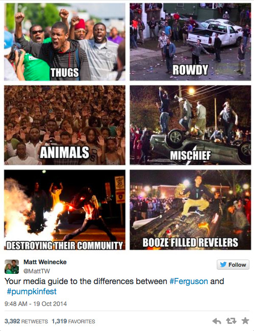 micdotcom:  One tweet perfectly calls out how the media portrays Black protests  On Saturday night, police armed with tear gas and pepper spray were called in to contain riots that broke out during a pumpkin festival in Keene, N.H.  CNN reported that