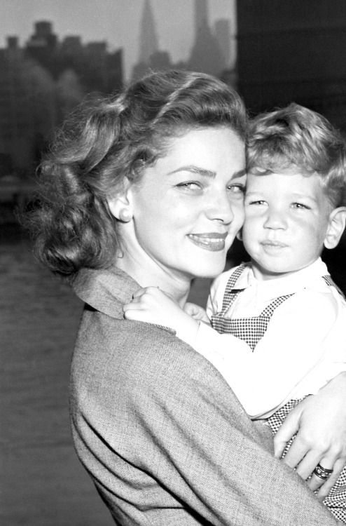 Lauren Bacall and her son in NYC, c. 1951