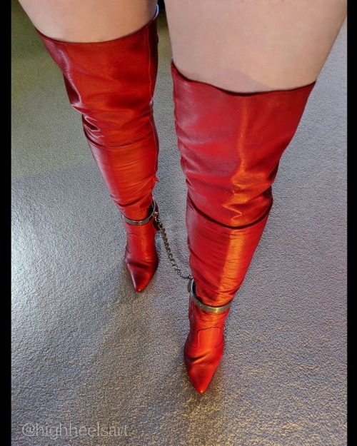 Hobbled In Red#hobbled #highheelboots #redboots #thighhighs #thighhighboots #stilettos #shackles #st