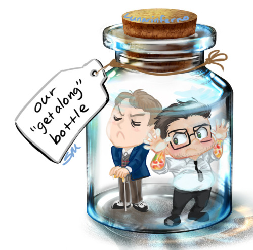 lunarinferno: Hermann pouts while Newt presses his hands and little belly against the bottle. I thin