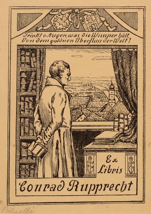 Conrad Rupprecht bookplate. Artist: M. Baselli. Man with books in library looking out the window at 