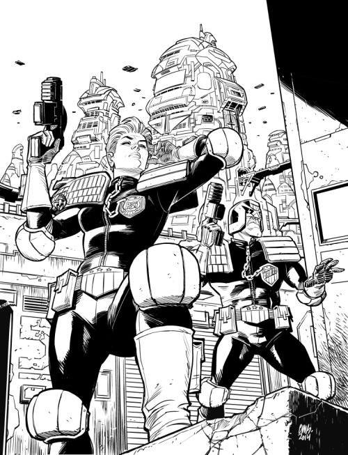 Judge Dredd Megazine 349 cover process - the original sketch gave prominence to Dredd but editorial 