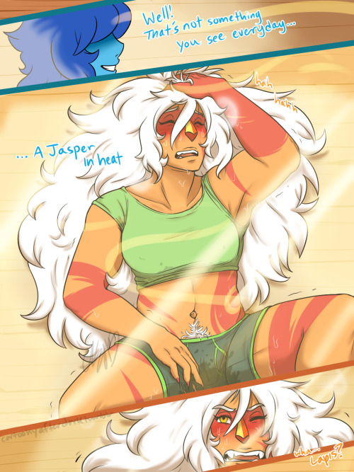 cartoonyafterdark:  First part’s done!! Every porno needs a quickie set up before we get to the dirty itty am i rite guys ((Headcanon: Each gem has a unique heat scent to them Lapis’ is the ocean and Jasper smells like fucking delicious barbecue on