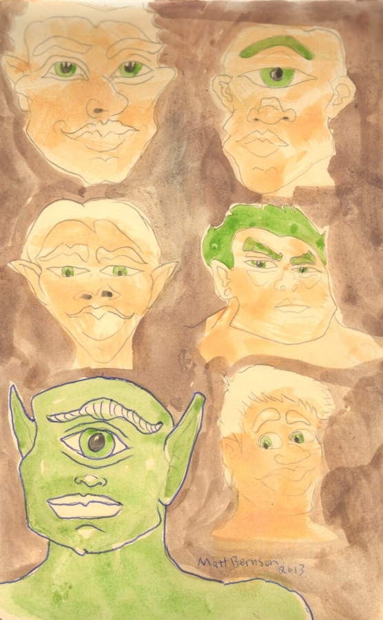 I&rsquo;ve been doodling faces in my sketchbook. Ink and/or watercolor on paper,