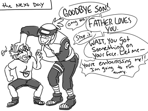 thegiantchicken:  khajidont:   “but no really, naruto you really got something on your face” “dont” “*SMOOCHES BABY CHEEK*” “SCREAMS”  naruto makes him an ‘#1 most embarrassing dad’ mug. iruka takes it everywhere  lol. this was cute.