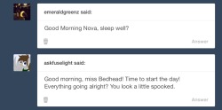 askfuselight:ask-nova-blitz:Worst bed head confirmedQuestions:askfuselightemeraldgreenzI won’t ask any questions if you won’t.((Thanks for tossing featherbutt in your post, Novamod! Questionable shenanigans ensue! Maybe he’s just a figment of her