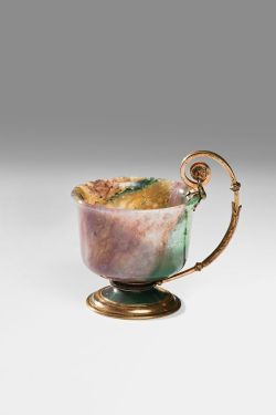 treasures-and-beauty: Small Cup, Saint Petersburg. House of C. Fabergé, artist: Mihail Perhin; moss agate, silver, stone carving, gilt  