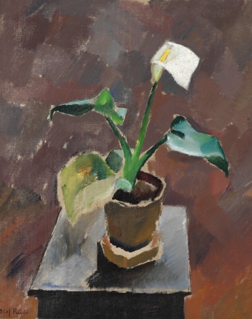 Still life with Kala on a table   -   Olaf Rude. Danish, 1886-1957Oil on canvas. 82×65 cm