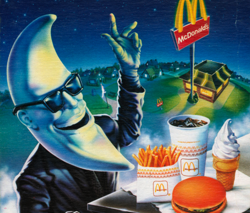 vintagegeekculture: McDonalds’ ad mascot, Mac Tonight, who urged people to visit McDonald’s for dinner.  The actor who played Mac Tonight, Doug Jones, later on starred in Gullermo del Toro’s The Shape of Water as the gillman.  