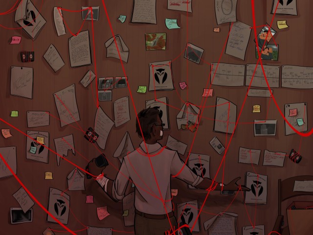 A digital painting of Jon Sims with his back turned, looking at an immense conspiracy board. He's holding a tape recorder in one hand. Red string ties papers together on the board, but also ties Jon in place, as well as a few hanging tapes and a gold lighter.