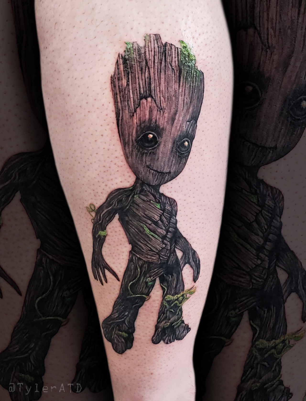 Tyler ATD Tattoos  Realistic black and grey groot calf tattoo Tyler