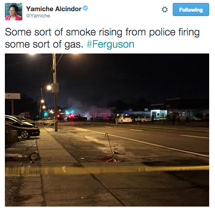 revolutionarykoolaid:  Last Night in Ferguson (8/10/15): In a word, chaos. Shots rang out sometime after 11. Police claim that they were gang-related. A plainclothes officer shot and critically injured 18-year old Tyrone Harris, a friend of Mike Brown’s.