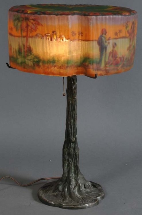 Reverse painted table lamp with"Garden of Allah". Pairpoint Glass Company,New Bedford,Mass