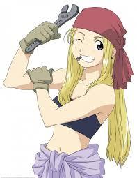 Name: Winry Rockbell Anime: Full Metal Alchemist Occupation: Automail Mechanic Age: 14 - 15 Winry is a strong-willled, emotional, and very empathetic young woman as well as an automail dork. She can also wield quite a deadly throwing arm when angered