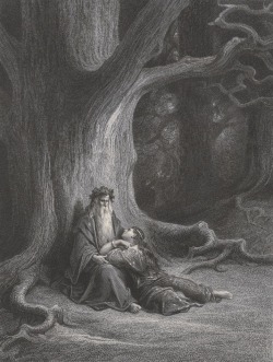 songesoleil:  Les idylles du roi. Idylls of the King,d’Alfred Lord Tennyson.(1809-1892). -” Viviane.” Poème traduit de l’anglais par Francisque Michel. Gravure sur acier d’après les dessins de Gustave Doré.      Un orage approchait, mais