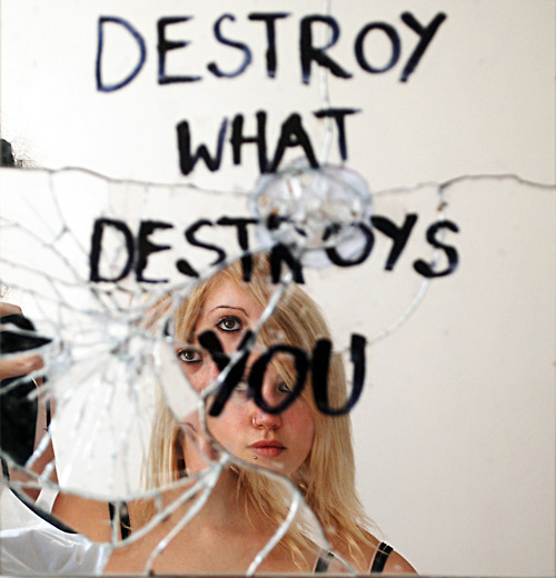 showslow:  Arianna Palazzi (On Tumblr), Mirror Series.  The message I want to share through this piece called “Destroy what destroys you” from 0 - Mirror Series is not in any way related to self destruction/self harm.The mirror is broken because