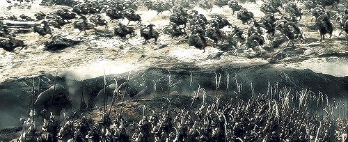 elvenking:  “So began a battle that none had expected; and it was called the Battle of Five Armies, and it was very terrible. Upon one side were the Goblins and the Wild Wolves, and upon the other were Elves and Men and Dwarves.” 