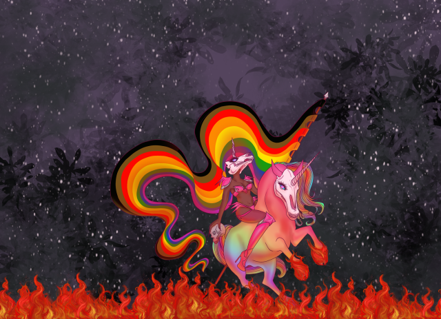 A woman with a pink unicorn skull instead of a human heads rides on a rainbow unicorn with a pink unicorn skull instead of a horse head. She’s clad in armour and carries a massive pride flag. She holds a human skull and the ground is flaming 