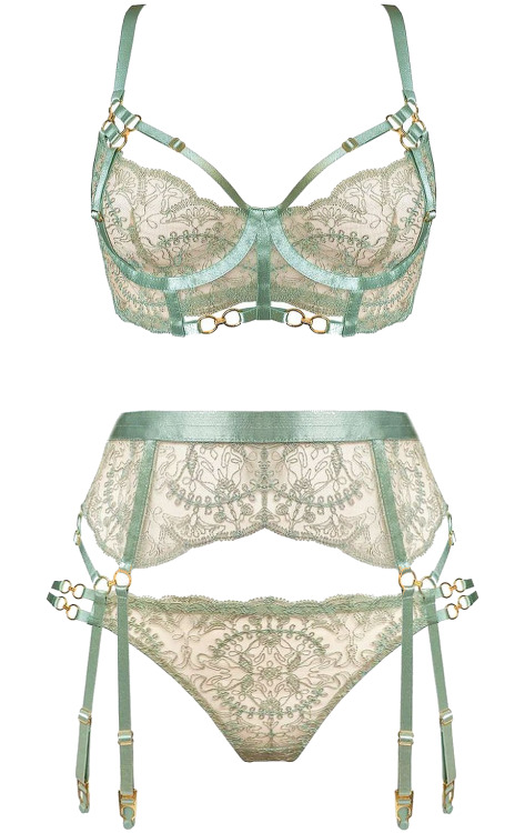 martysimone:Bordelle | Cymatic • Bodice Bra + Suspender + Thong in sage + 24k gold plated chain-links