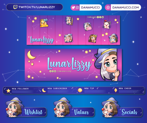 Some twitch graphics I made for https://www.twitch.tv/lunarlizzy Twitter and Twitch bannersOverlay b