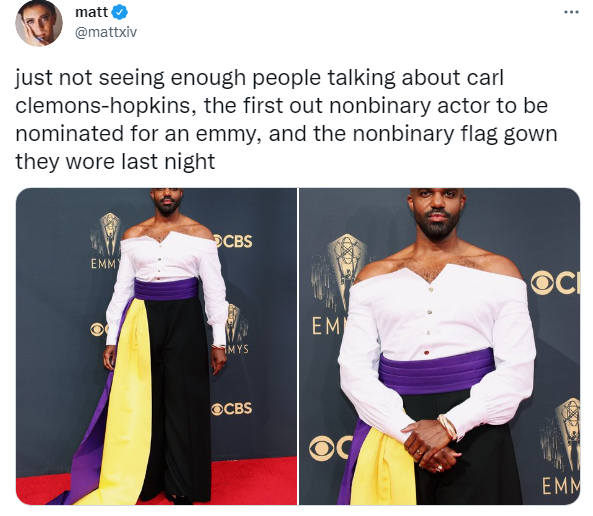 profeminist:“just not seeing enough people talking about carl clemons-hopkins, the first out nonbinary actor to be nominated for an emmy, and the nonbinary flag gown they wore last night”@mattxivCarl Clemons-Hopkins on IMDB
