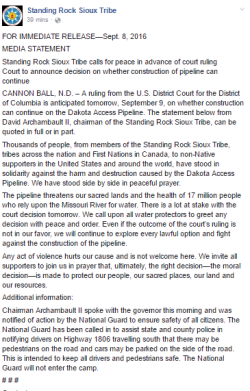 izanzanwin:  Word now is National Guard wont enter camps, but will patrol the roads. Sacred Stone camp and water protectors are committed to staying peaceful.  