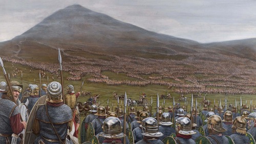 Romanos contra Pictos en Mons Graupius (83 d.C.). Arte de Seán Ó’Brógáin.