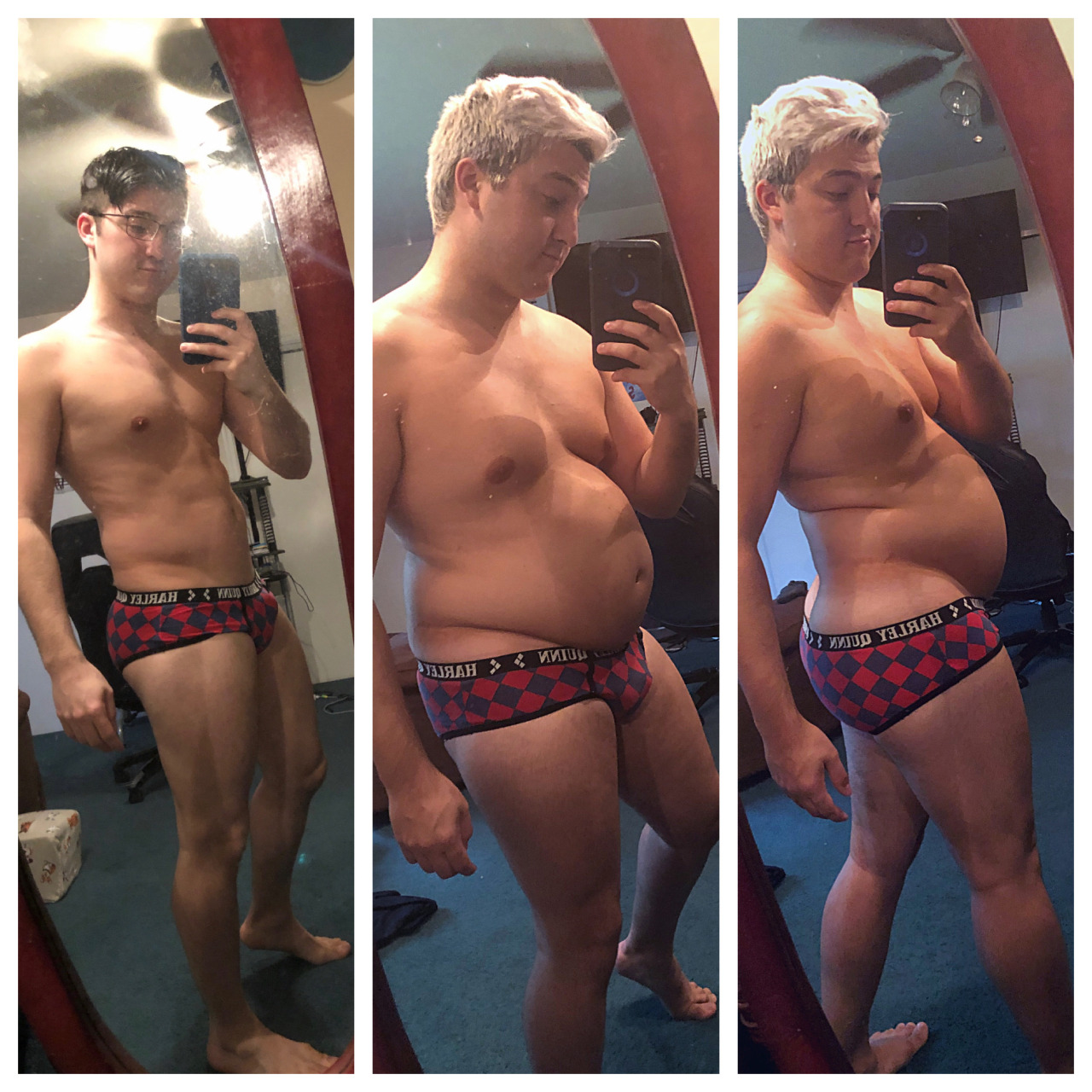 dancerjock23:Underwear is now way too tight! I guess that’s what happens when you get lazy and watch yourself blow up 🤤(far left) 140, (middle and right) 215 Weight gain is a god damn mood.Look at that real life transformation from jock boy into