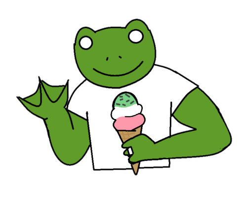 crocuses-and-frogs:[Image description: Two images of the same anthropomorphic frog in a white t-shir