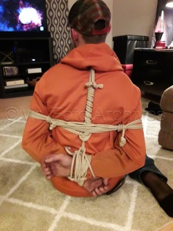 mrfotoarchives:  A co-worker and buddy stopped over the other night after work and this is what happened….  Hands tied securely behind his back…