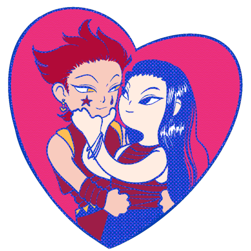 A digital drawing of Hisoka and Illumi from HxH. They are drawn in a cute chibi style and around them is a heart shaped frame. Illumi is cupping Hisoka's face with his hands and Hisoka has his hands on Illumi's hips. The lineart is blue, the background pink and the clothes are magenta. They are both looking at each other and smiling.