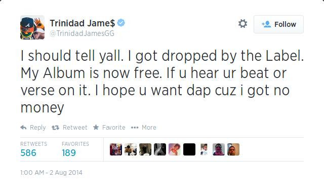 adult-swims:  kingjaffejoffer:  It’s a real tweet  https://twitter.com/TrinidadJamesGG/status/495418943390367745