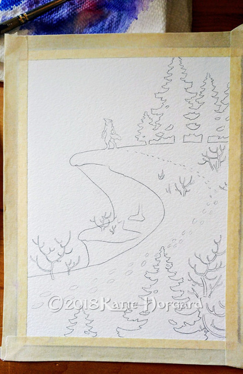 eskiworks: January Skies Artistic freedom 5″ X 7″ watercolor and gouache commission!  The snow parts are a pale blue gouache over the watercolor base gradient, the WIP photos make them look nearly white.  I screwed this painting up the first time