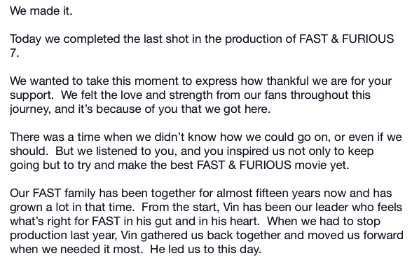 fast-and-the-furious:  » Fast 7 Team leaves a heartfelt letter of thanks on the